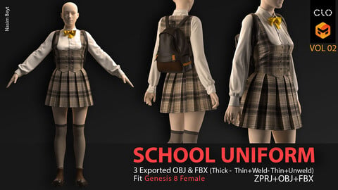 SCHOOL UNIFORM with BAG & SHOES PACK with TEXTURES (VOL.02). CLO3D, MD PROJECTS+OBJ+FBX