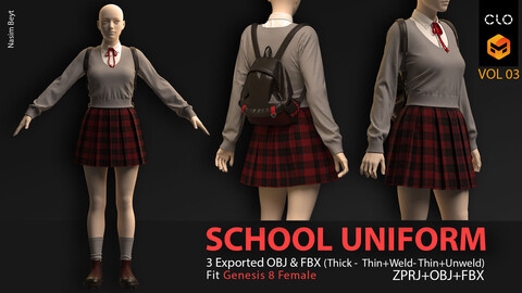 SCHOOL UNIFORM with BAG & SHOES PACK with TEXTURES (VOL.03). CLO3D, MD PROJECTS+OBJ+FBX