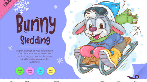 Cartoon Bunny Sledding. Clipart