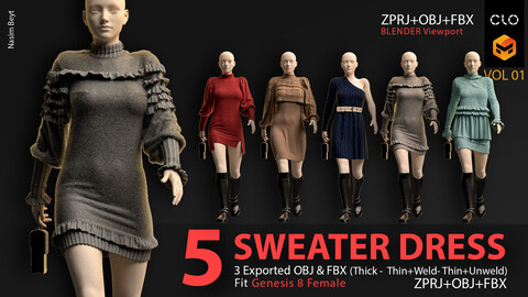 5 SWEATER DRESS with BAG & SHOES PACK with TEXTURES (VOL.01). CLO3D, MD PROJECTS+OBJ+FBX