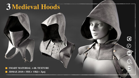 3 medieval hoods /Marvelous Designer / 4k Textures/Smart material