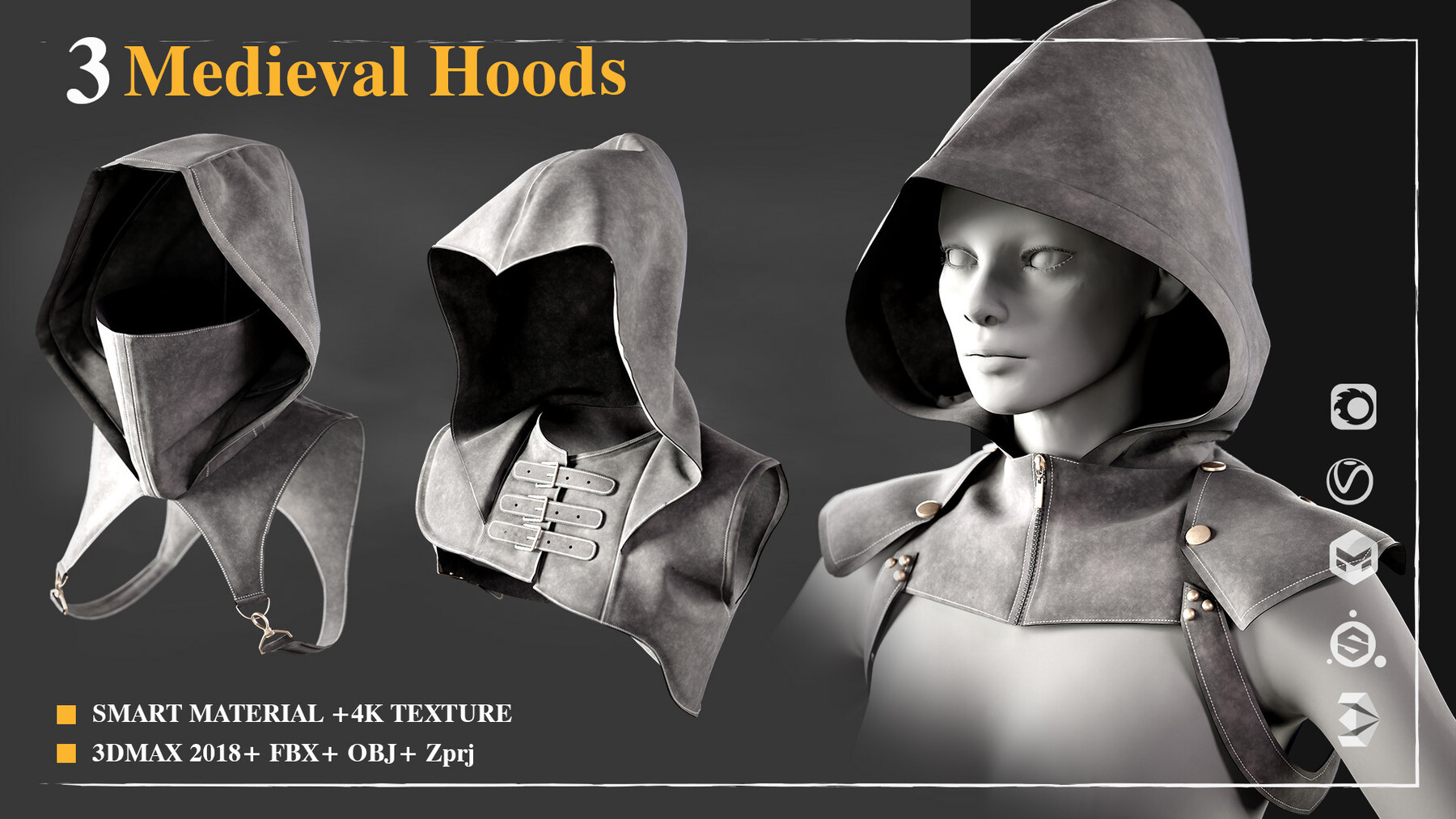 ArtStation 3 medieval hoods /Marvelous Designer / 4k Textures/Smart