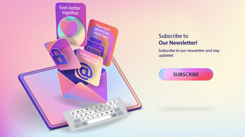 A web banner with a digital tablet and an envelope with flying icons and a subscribe button