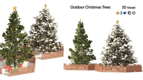 2 outdoor Christmas trees with wood fence