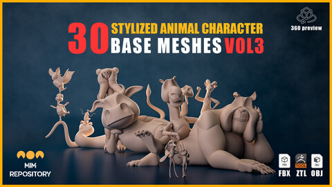 30 Stylized Animal Character Base Meshes - VOL 3