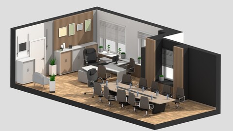 Low-poly 3D model of modern office interior