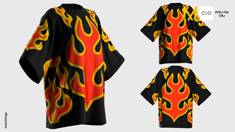 Streetwear Oversize Flame T shirt #002 - Clo 3D / Marvelous Designer + OBJ / DIGITAL FASHION / HYPEBEAST / FUTURE FASHION