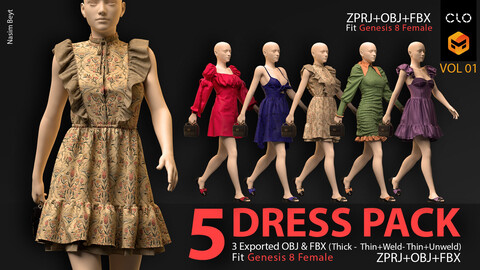 5 DRESS with BAG & SHOES PACK with TEXTURES (VOL.01). Marvelous Designer/Clo3D project file+OBJ,FBX