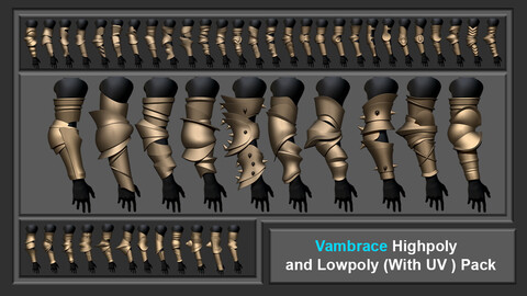 50 Vambrace Highpoly and Lowpoly pack (With UVs)