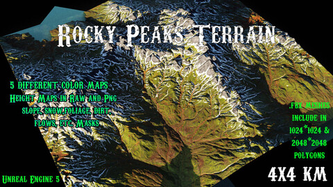 Rocky Peaks 4x4 Km terrain for game-world & background