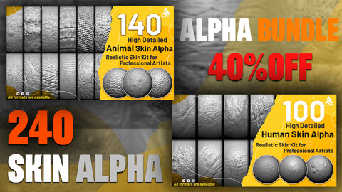 240 High Detailed Skin Alpha ( Bundle ) Human and Animal skin- 40% OFF -  ( Realistic Skin Kit for Professional Artists )