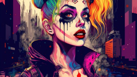 6k Digital Print of The Queen of Clowns. Master of Jokers. Issue 7 - A Psychedelic Comic Book Character Portrait Painting - Super Hero / Anti-Hero / Villain Illustration Artwork Reference