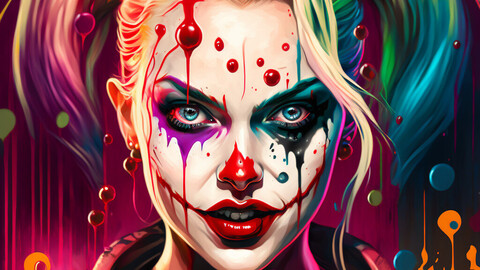 6k Digital Print of The Queen of Clowns. Master of Jokers. Issue 8 - A Psychedelic Comic Book Character Portrait Painting - Super Hero / Anti-Hero / Villain Illustration Artwork Reference