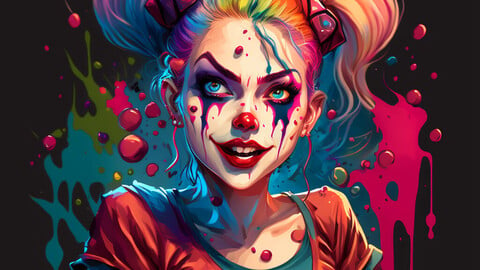 6k Digital Print of The Queen of Clowns. Master of Jokers. Issue 11 - A Psychedelic Comic Book Character Portrait Painting - Super Hero / Anti-Hero / Villain Illustration Artwork Reference