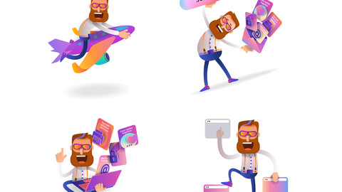 Icons for a website with a cartoon man and a subscribe button