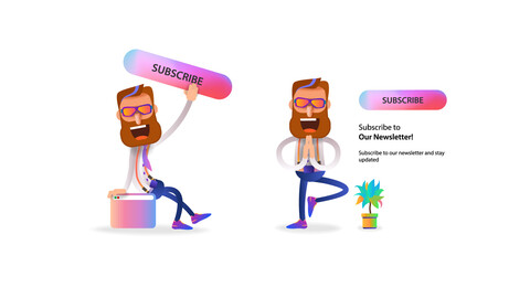 Web icons with a cartoon bearded man and a subscribe button