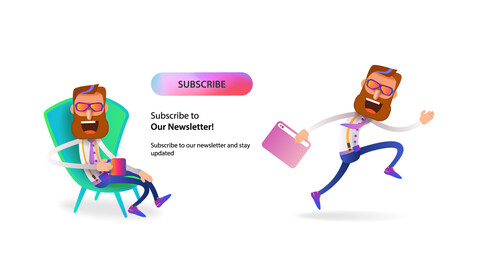 Icons for the website cartoon man sitting in a chair and a subscribe button
