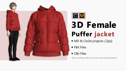 Female Outfit. Puffer Jacket. Marvelous Designer, Clo3d project + OBJ/FBX files