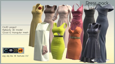 MEGA DRESS PACK (10 perfectly fitted dresses made in Clo3D/Marvelous Designer): zrpj, obj,fbx, PBR 4K