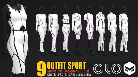 9 models of women's outfit sport / Marvelous & Clo3d / OBJ / FBX