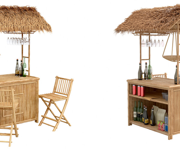 ArtStation Beach Bamboo tiki bar with bottles and glasses Resources