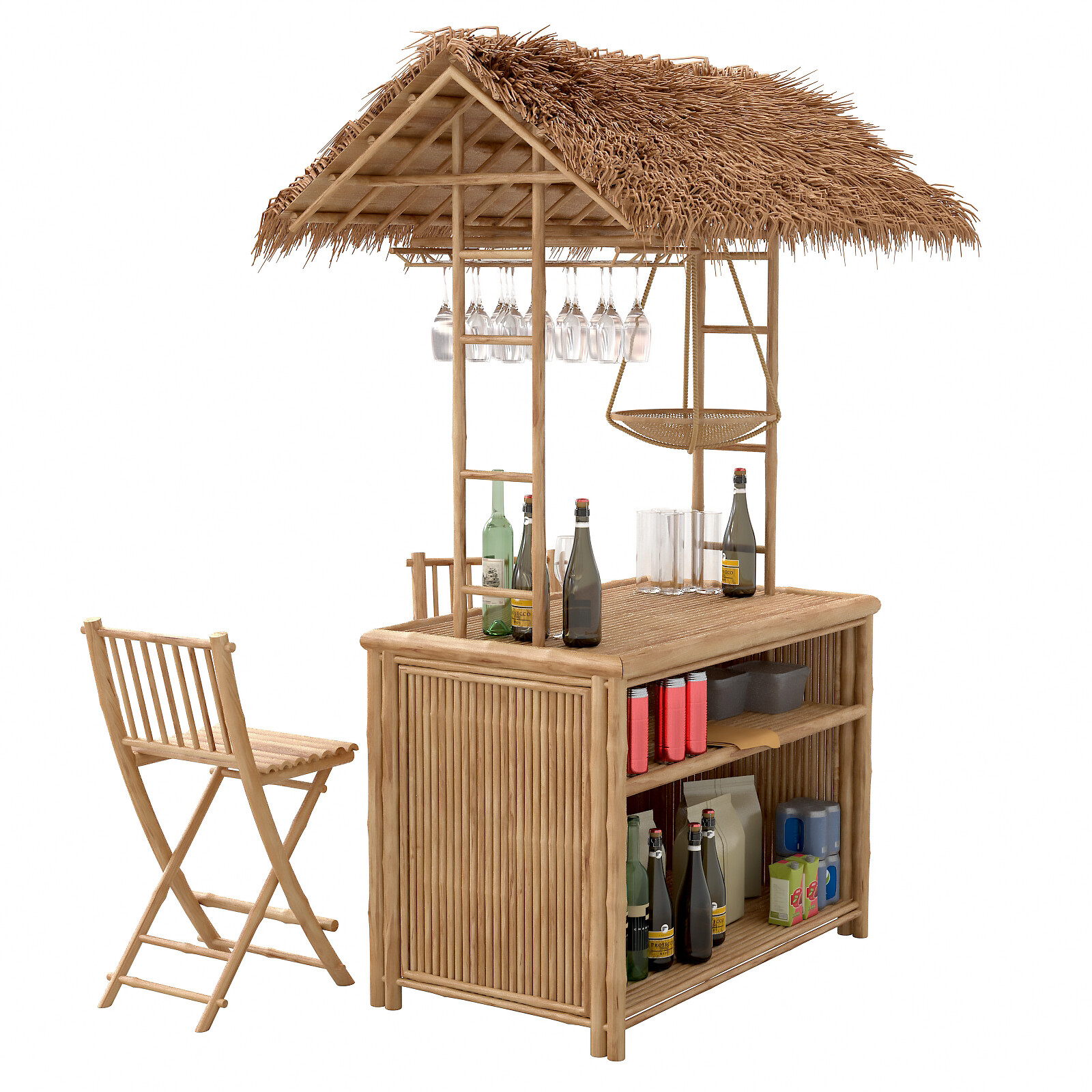 ArtStation Beach Bamboo tiki bar with bottles and glasses Resources