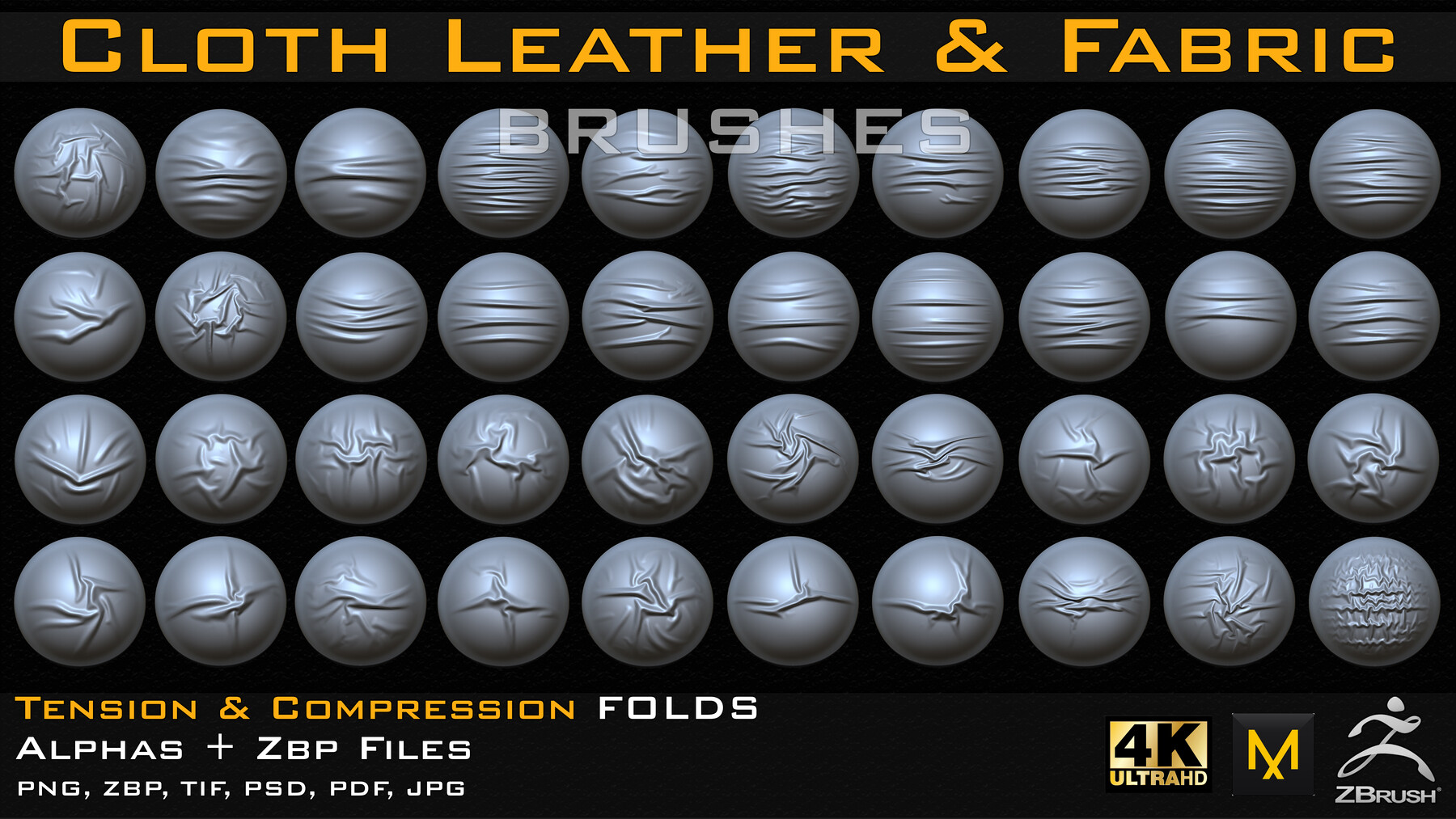 ArtStation - 70 cloth Leather & Fabric Brushes (4k) Tension & Compression  Folds + Alpha ( Vol.05 )