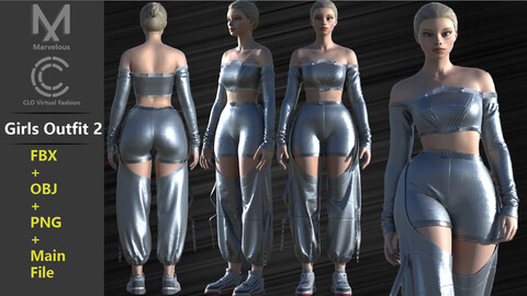 Girl's Outfit 2 / Marvelous Designer / CLO3D project file + OBJ + FBX + PNG