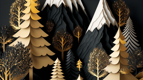8k Gold and Black Wonderland - Whimsical Winter Holiday Mountainscape Forest Scene -Digital Print Download - Illustration / Reference / Artwork