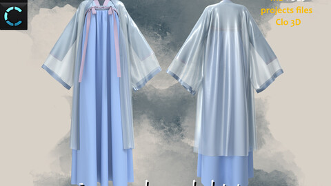 Blue Hanbok for women_with large sleeves__女性の漢服&着物_Marvelous designer(Clo3d) project_OBJ&FBX