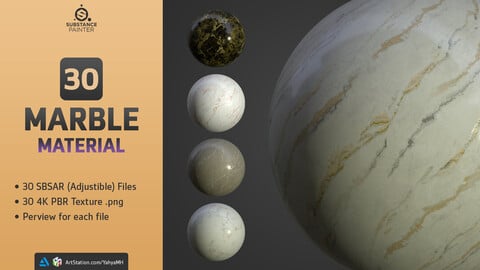 30 Marble Materials (SBSAR, 4K PBR Texture) Vol 01