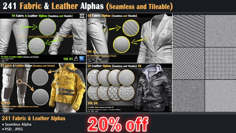 241 Fabric & Leather Alphas (Seamless and Tileable)- Bundle |20% discount for 10 days|