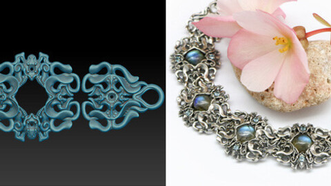 Sculpted bracelet with cabochons. Printable jewelry 3D model. Bracelet in a fantasy or vintage style.