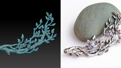 Printable jewelry 3D model. A very delicate twig brooch with three little flowers