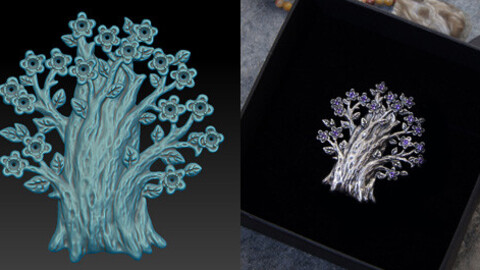 Jewelry 3D model for printing. A cute tree brooch with little flowers.