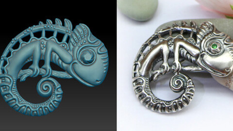 Jewelry 3D model for printing. Cute chameleon brooch for lovers of animals and nature. The eye area is flat to insert a small stone.