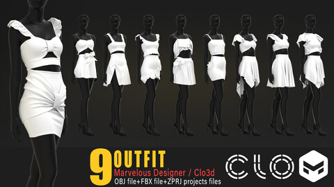 9 models of women's outfit / marvelous & clo3d / OBJ / FBX