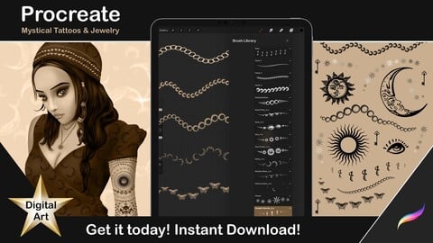 Procreate Mystical Tattoo Brushes | Moons, Suns & Butterfly Gold Chain Jewelry Brush Stamps