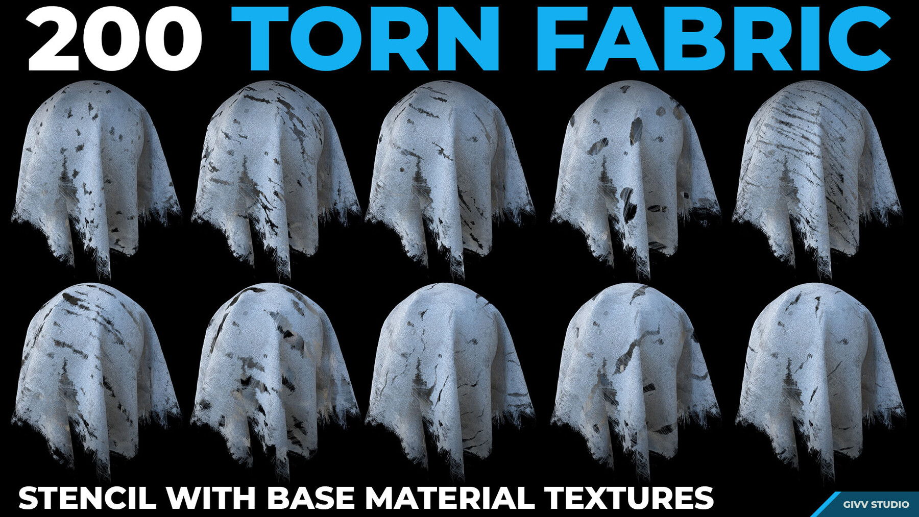 ArtStation 200 Torn Fabric (Stencils with Base Material/Tutorial/4k