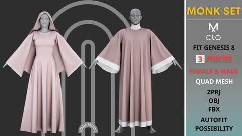 Female Monk set (Dress + Scarf) & Male Monk set - 3 PIECES - Marvelous Designer / CLO3D PROJECTS+OBJ+FBX