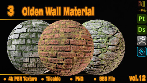 3 Olden Wall Material - VOL 12 ( SBS file + 4K PBR textures)