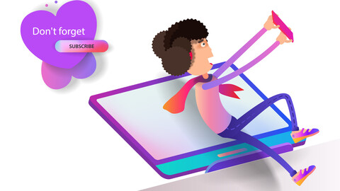 Cartoon girl takes a selfie on the office computer screen