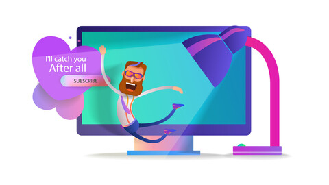 Cartoon man jumps out of the office computer screen