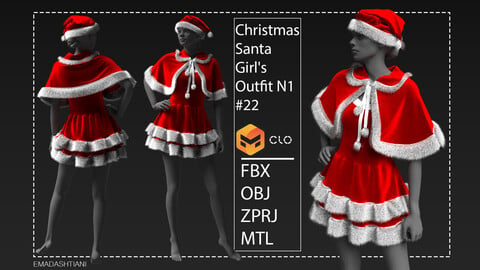 Christmas Santa Girl's Outfit N1#22 _ Marvelous designerCLO Project Files+fbx+obj+mtl