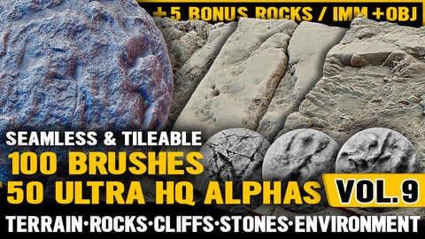 Ultra HQ Terrain / Rock Seamless Sculpt Zbrush brushes + Alphas (Blender, Substance, etc.) Vol.9