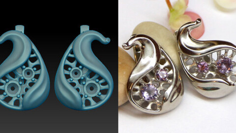 Jewelry 3D model for printing. Earrings in the form of fig fruits with small stones and latch-back closure