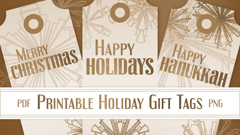 Printable Holiday Gift Tags - Art Deco Snowflakes in White and Gold