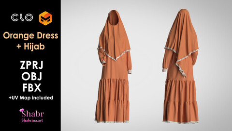 Orange Dress + Hijab / Marvelous Designer/Clo3D project file + OBJ + FBX