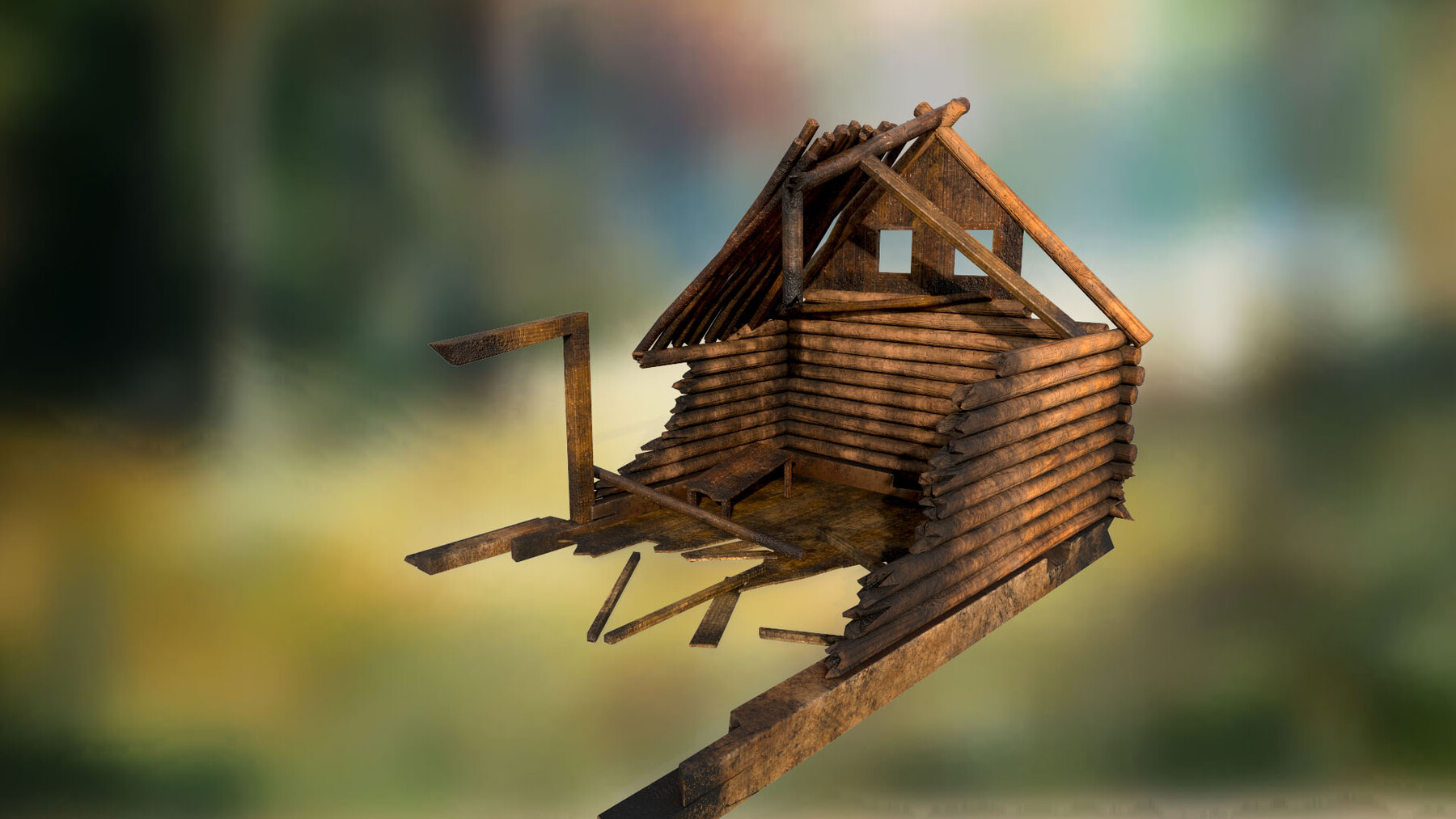 Ruined burned down wooden house PBR low-poly 3D model Low-poly 3D model