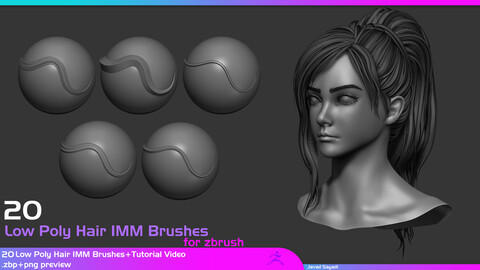 20 lowpoly hair imm brush for zbrush